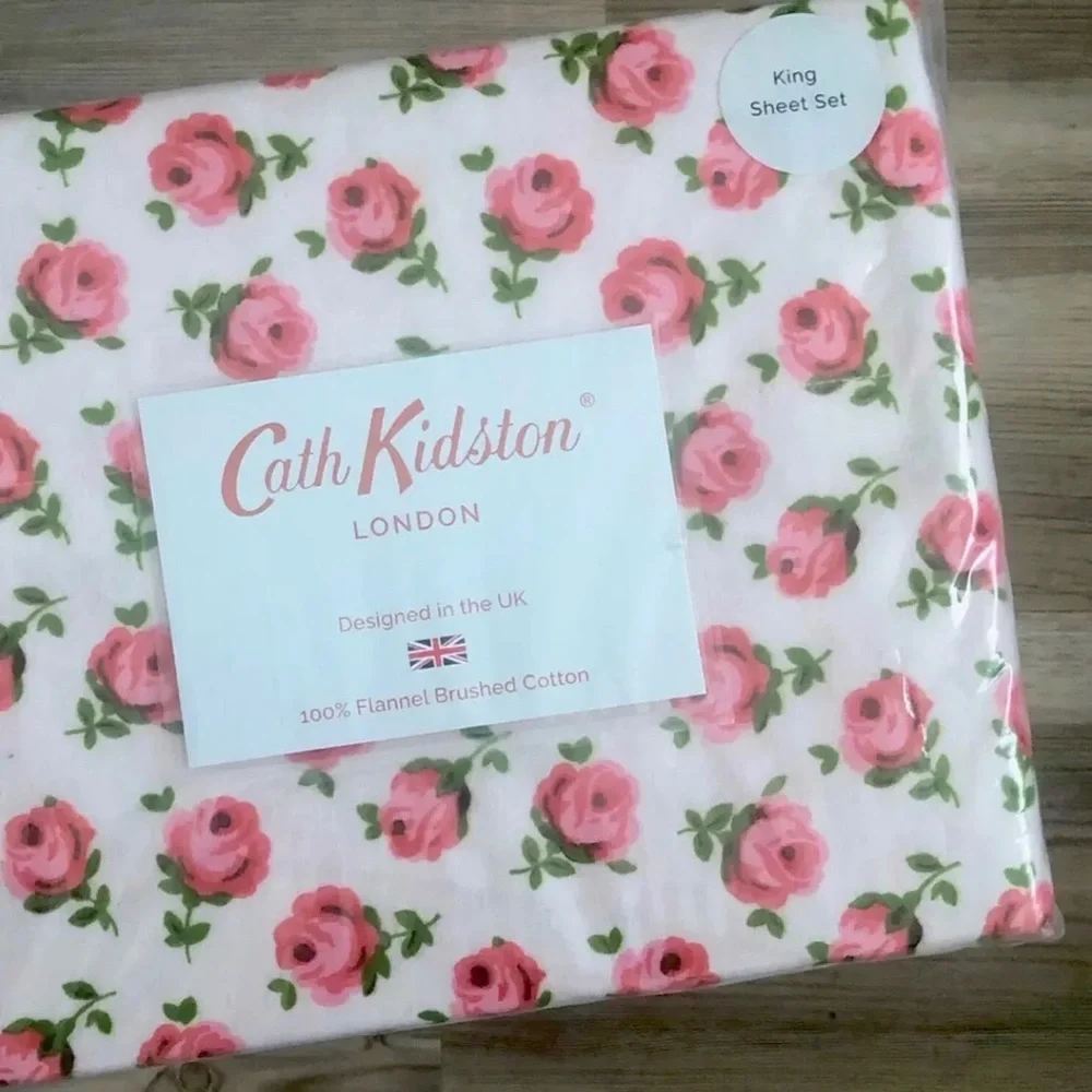 Cath Kidston King Sheet Set Button Rose Raspberry 100% Flannel Brushed Cotton